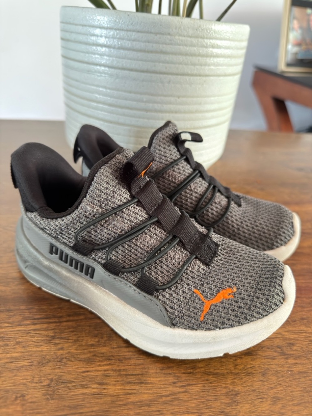 Puma Kids Gray Mesh Sneakers with Orange Logo